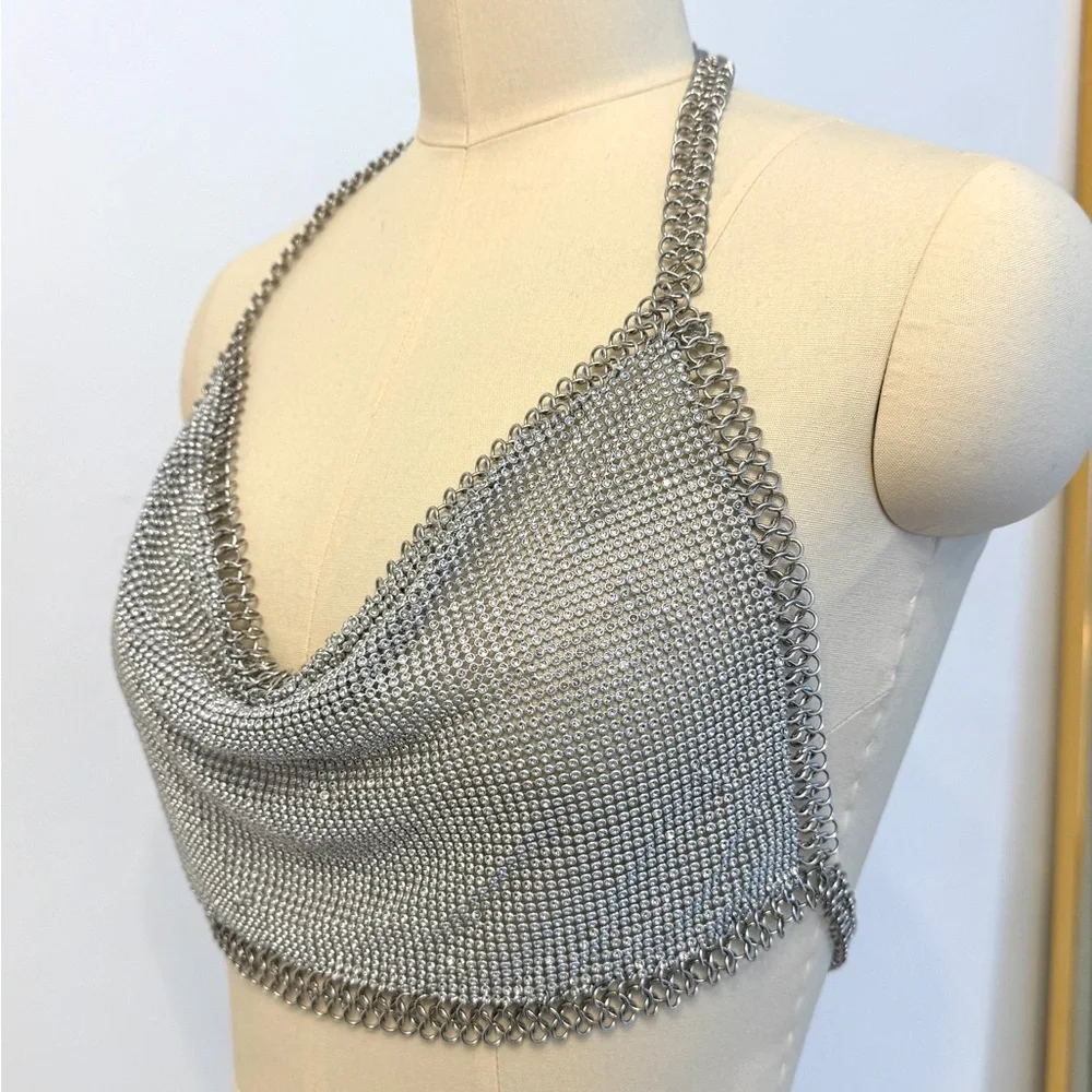 ALTEREDREAMS Silver Rhinestone Chainmail Top | Metallic Drape Crop Festival - Picture 2 of 6
